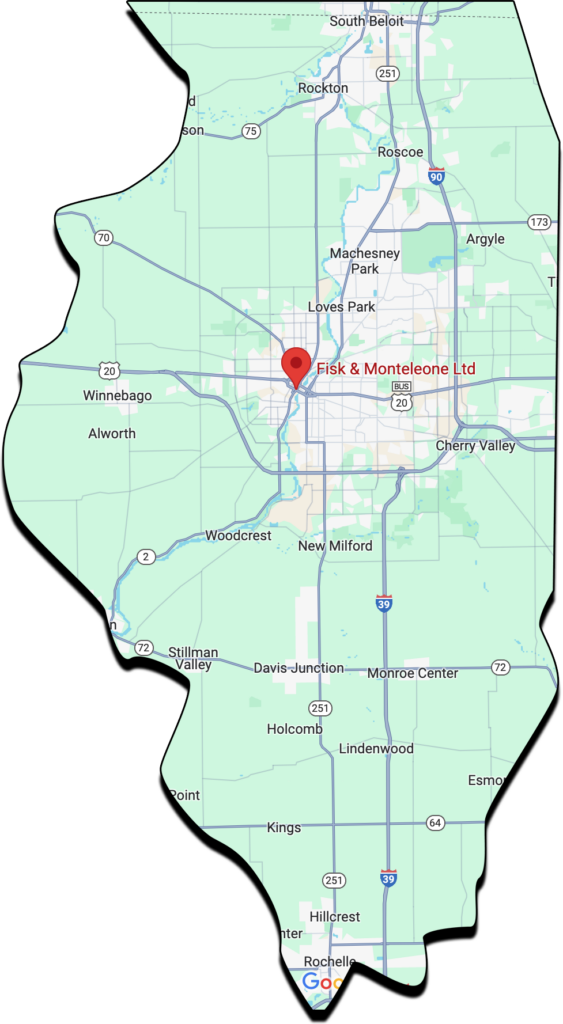 Illinois-shaped map showing the Fisk & Monteleone office location in Rockford, IL